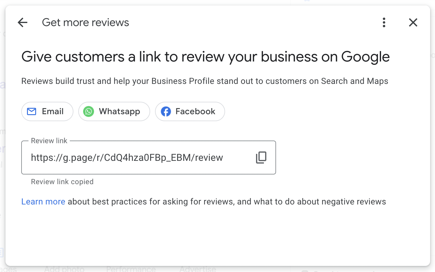 Screenshot of Googles review link in Google Business Listing admin.